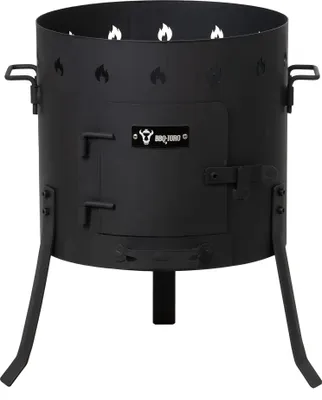 A black Kazan oven with three legs and a door on the front.