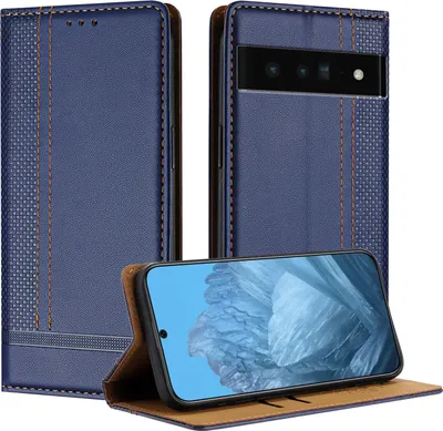 Obrázek produktu pro Pouzdro pro Google Pixel 6 Pro kožené flipové pouzdro s funkcí stojánku modré