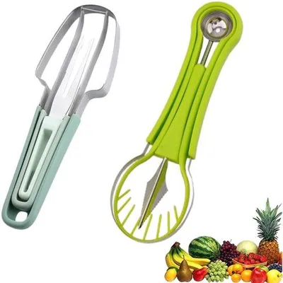 Produktbild von Ibenzoa® Melonenschneider-Set – 3 multifunktionale Melonenschneider mit Edelstahlklingen, 4‑in‑1 Kugelausstecher, V‑Slicer & 2 Melonenlöffel, PP‑Griffe