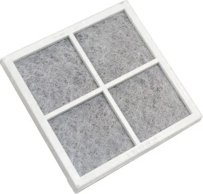 A square air filter with a white frame and gray filter material, divided into four sections by white bars.