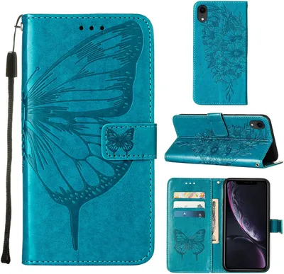 Produktbild von iPhone XR Hülle, Schmetterling Prägung Flip Leder Kartenfächer Schutzhülle Ledertasche mit Ständer für iPhone XR Blau