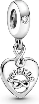 A silver charm in the shape of a heart with an infinity symbol and the word "FRIENDS" inscribed on it, hanging from a bail with a small crystal.