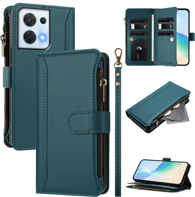 Image de Etui pour Oppo Reno8 5G, zippé, étui portefeuille en cuirPolyuréthaneavec pochettes pour cartes, support et dragonne, vert