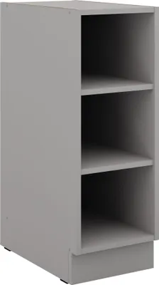 A three-shelf gray cabinet shown from a three-quarter angle.