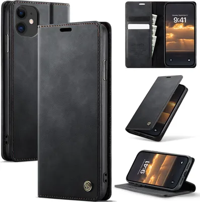 Obrázek produktu pro Kožené pouzdro pro iPhone 11, RFID ochranou, magnetickým zavíráním, přihrádkami na karty a funkcí stojánku Černý