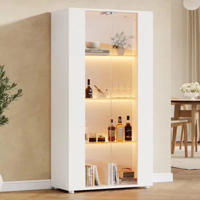 Produktbild von Vitrinenschrank mit 2 Glastüren, 4 Ablageflächen & verstellbarer LED-Beleuchtung, Spanplatte+Glas in Weiß, 80x36x150cm