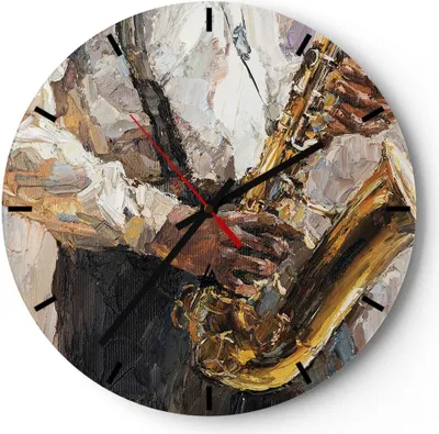 Produktbild von Wanduhr - Rund - Glasuhr - Saxophon Öl Musiker - 30x30cm - Schleichendes Uhrwerk - Lautlos - zum Aufhängen bereit - Dekoration Modern - Wanddekoration aus Glas - C3AR30x30-4808