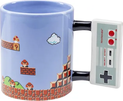 A 3D mug designed to look like a Nintendo Entertainment System controller, with a Super Mario Bros. game scene printed on the mug.