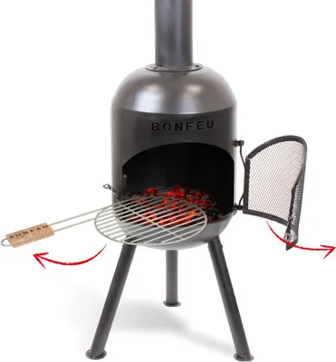 Produktbild von BonFeu BonSolo Schwarz - Terrassenofen - Feuerstelle mit Funkenschutz für entspannte Abende - Feuersäule Outdoor - Terrassenkamin mit Grillrost - Gartenofen aus hochwertigem Cortenstahl - 34x34x124cm