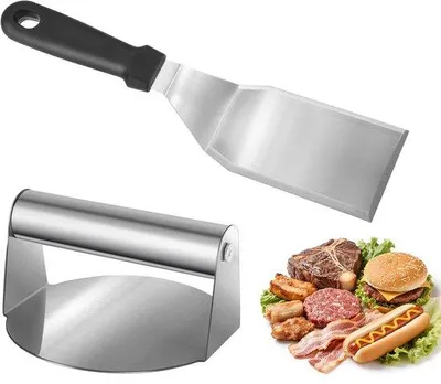 Produktbild von Unyqoos® Edelstahl-Hamburgerpresse mit Grillspatel – ergonomische Patty-Presse, spülmaschinenfest, vielseitig für Burger, Sandwiches & Steaks