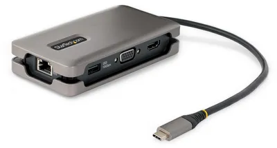 Produktbild von StarTech.com USB-C Multiport Adapter - USB C auf VGA/4K 60Hz HDMI Adapter - 3-Port USBC Hub - 100W PD - GbE - USB C Dockingstation/Laptop Dock - Mini/Reise Dock USB C Adapter - 30 cm Integ. Kabel mit Kabelschlitz, Kabelgebunden, USB 3.2 Gen 2 (3.1 Gen 2) Type-C, 100 W, 2.0b, 10,100,1000 Mbit/s, Grau