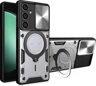 Produktbild von Handyhülle für Samsung Galaxy S23 FE Dual-Layer Stoßfest Rüstung Hülle mit Dia Kameraschutz und Kreisförmig Ring Ständer Silber