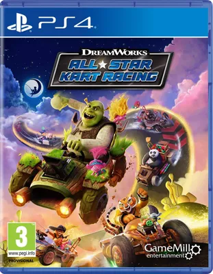 The image is the cover art for the video game Dreamworks All-Star Kart Racing, featuring characters from various Dreamworks franchises racing in karts.