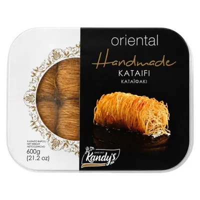 Kandylas Kataifi Gebäck 600 g Packung auf weißem Grund