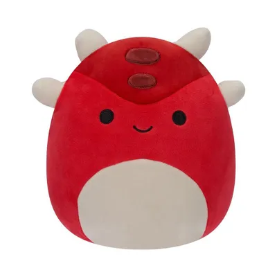 A red and tan plush toy dinosaur is shown against a white background.