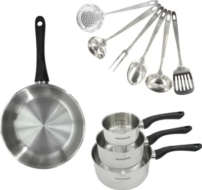 Image de Set 1 poêle 28 cm, 3 casseroles en inox et 6 ustensiles inox Fackelmann Geneva