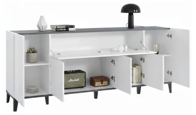 Produktbild von Kommode Dnatal, Küchen-Sideboard mit 6 Türen, Wohnzimmer-Buffet, 100 %  Italy, cm 200x40h82, Weiß glänzend und Schiefer