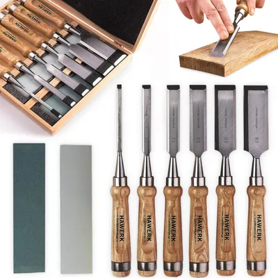 Produktbild von Stemmeisen Stechbeitel Set für Holz | Meißel für Holzbearbeitung, 6 Beitel + 2 Abziehsteine + Koffer von Hawerk - Stecheisen Satz für Anfänger und