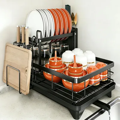 Image de Égouttoir à deux niveaux avec porte-couverts pour plan de travail, égouttoir en acier inoxydable avec bac d'égouttage – grande capacité, peu encombrant et pratique, avec pied pivotant (noir)