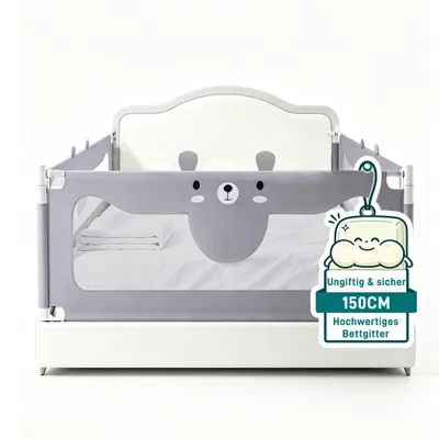 Produktbild von ROSEJANE Kinderbettgitter 150 cm, höhenverstellbarer Bettgitter Rausfallschutz, Bettgitter für Kinderbett & Familienbett, Grau