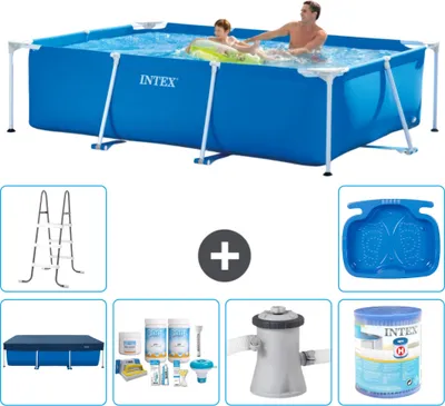 Produktbild von Intex-Schwimmbecken mit rechteckigem Rahmen – 260 x 160 x 65 cm – Blau – im Lieferumfang enthalten Abdeckung - Wartungspaket - Filterpumpe für Schwimmbad - Filter - Leiter - Fußbad