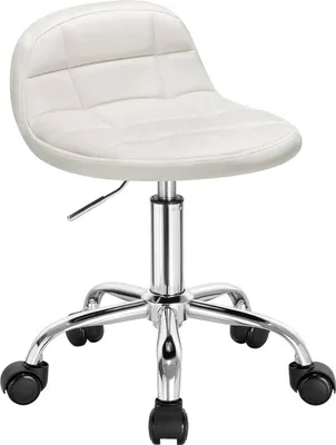 A white office stool with a low backrest and wheels is shown against a white background.