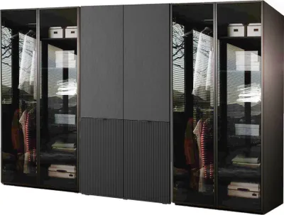 A modular wardrobe system with glass doors and dark gray cabinet fronts.