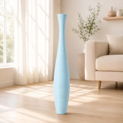 Produktbild von Leewadee Hohe Bodenvase 85 cm aus Mangoholz in blau, KI-generiertes Bild