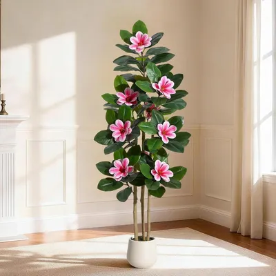 Produktbild von Künstlicher Geigenfeigenbaum - Zimmerpflanzen Baum im Topf - 150 cm hoch - Kunststoff - Magnolienblüten - Deko für Wohnzimmer und Büro - Rosa