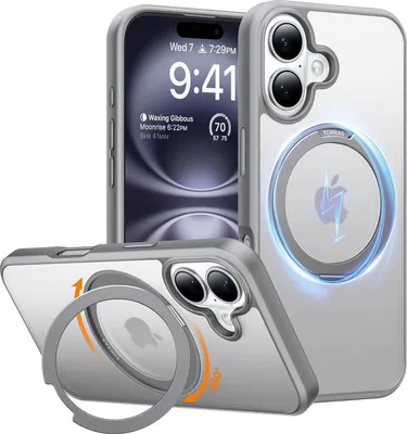 A collage of a phone case with a ring stand, showing different angles and features.
