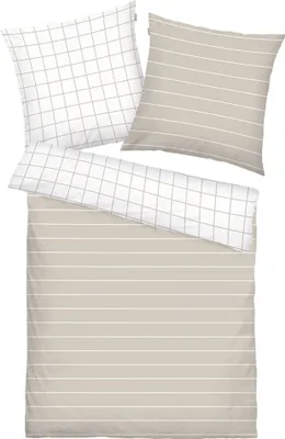 Produktbild von Tom Tailor Bettwäsche Set - CHECK & STRIPES, Renforcé Bettwäsche, Wendemotiv, Baumwolle Sand/Weiß 155x220cm