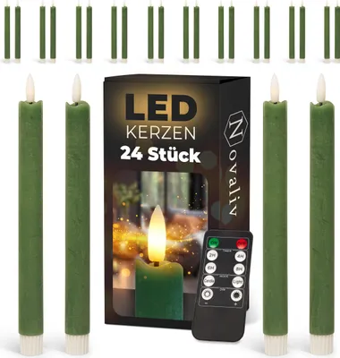 Produktbild von LED Stabkerzen 24 Stück ECHTWACHS Grün - mit Timer Funktion 6 Stunden - 23cm Höhe für Kerzen 2,2cm Durchmesser 2 AAA Batterien notwendig LED Stabkerzen 2er Set 6x Grün bewegliche Flamme Licht