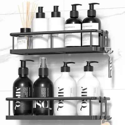 Produktbild von Duschablage Ohne Bohren, Rostfreie Duschregale für die Dusche, Große Kapazität Badezimmer Organizer und Aufbewahrung, Duschregal mit Abnehmbaren Haken, Ohne Bohren Badezimmer Zubehör Schwarz