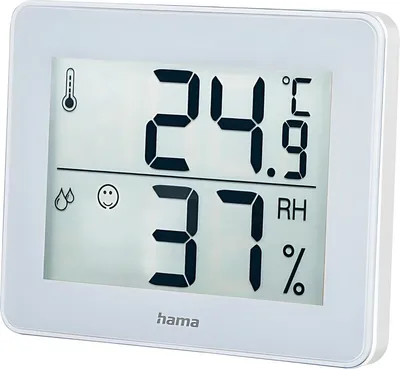 A digital thermo-hygrometer displaying temperature and humidity.