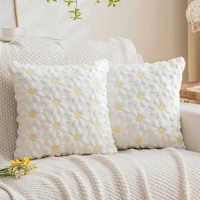 Immagine prodotto di Cuscini decorativi, set da 2, 45x45 cm, motivo floreale, tessuto in velluto, colore bianco con motivo di girasoli