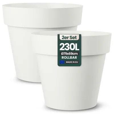 Produktbild von Kreher® 2 x XXL Pflanzkübel / Pflanztopf „LIKE“ Ø79xH70 cm - Weiß - Rund, Rollbar - UV- & Wetterfest - Robuster Blumentopf in Natur Stein Optik