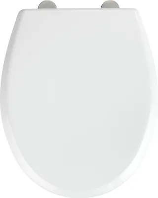 A top-down view of a white toilet seat.
