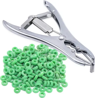 Produktbild von Kastrationszange aus Edelstahl mit 100 Gummiringen, geeignet zur Kastration von Rindern, Schafen und Schweinen.