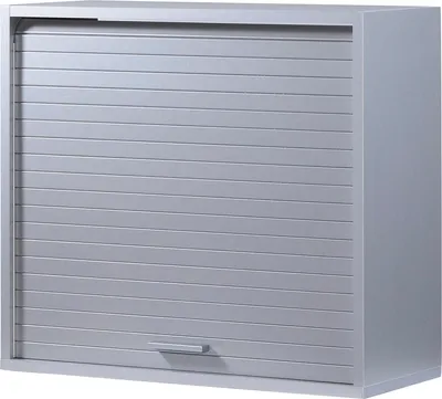 A silver cabinet with a roll-up door and a small handle.