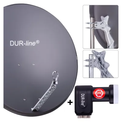 A collage of images showing a satellite dish, its mounting hardware, and a satellite receiver.
