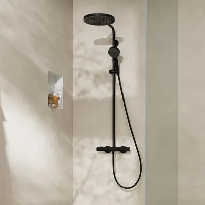 Image de Colonne de douche hansgrohe Pulsify S Puro, 260 mm, 1 jet, technologie EcoSmart, avec thermostat Ecostat Fine et douchette de main 3 jets, finition noir mat