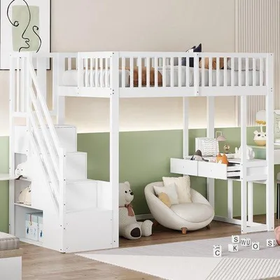 Productafbeelding van Hoogslaper Met Multifunctionele Tafel - 90 Cm Breed - Massief Grenenhout - Voor Kinderen - Bed Met Opbergladder