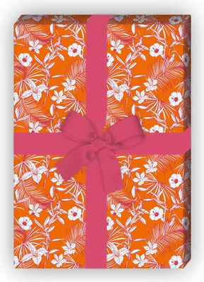 Produktbild von Vintage Sommer Geschenkpapier mit Retro Hawaii Blumen, orange zum Einpacken - G11604, 32 x 48cm