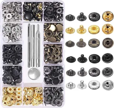 Produktbild von 120er-Set Leder-Druckknöpfe, 6 farbige Metalldruckknöpfe mit 4 Befestigungswerkzeugen für Kleidung, Leder, Jacken, Jeanskleidung, Taschen, Armbänder, 2 Größen