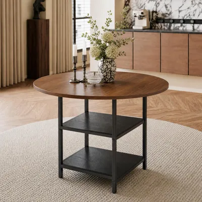 Productafbeelding van Eetkamertafel van rundleer, 107 cm, met dubbel laadvlak, MDF, metalen frame, geschikt voor 2-4 personen (zwart, walnoot)