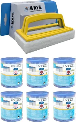 A product shot featuring a cleaning brush and a pack of six filter cartridges.