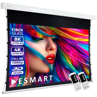 A projection screen displaying a colorful image of a woman's face, with text overlays and remote controls.