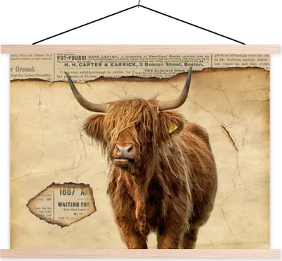 Produktbild von MuchoWow® Textilposter Hochlandrind - Vintage - Zeitungsartikel 40x30 cm mit holzfarbenen Rahmen - Bilder