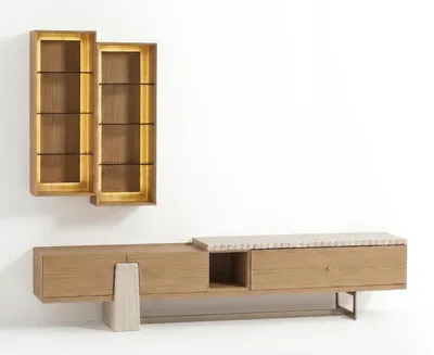 Image de Meuble TV bas, ensemble avec étagère murale, design moderne, beige, élégant, luxueux, meuble TV design