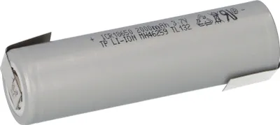 A single battery cell with metal contacts on a light gray background.